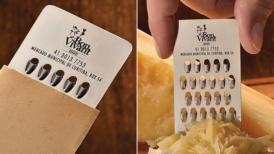 This cheddar business card serves as a grater as well.